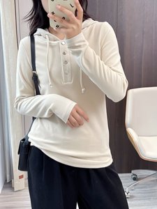 23秋季新款韩版女装纯色连帽系带弹性修身长袖T恤内搭单穿打底衫
