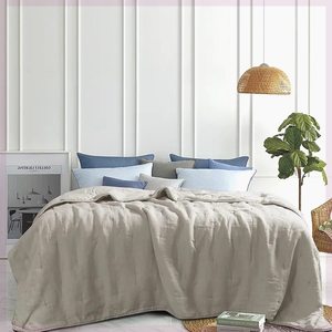 正面亚麻反面棉绗缝休闲毯空调被夏凉被纯色双面机洗午睡毯素色