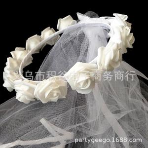 欧美爆款现货新娘花环头纱 白色白玫瑰花环头纱 单身派对新娘头纱