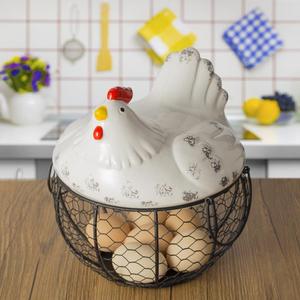 鸡蛋筐陶瓷鸡蛋篮大蒜土豆杂物蓝厨房装饰创意摆件母鸡收纳铁编篮