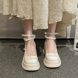 法式玛丽珍鞋女2024新款百搭配裙子仙女风白色粗跟高跟厚底小皮鞋
