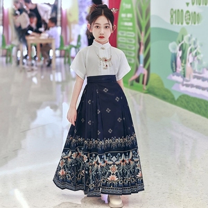 韩版清新中式仓马面裙女童亲子母女装大童女孩连衣裙小学生