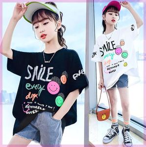 韩系女童T恤夏季纯棉宽松黑色时尚夏装中大童童装中长款短袖学生
