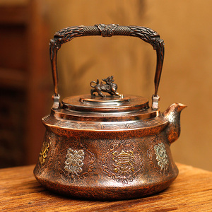 八宝纯紫铜一张打加厚铜壶烧水围炉煮茶壶纯手工錾刻鎏金国风茶具