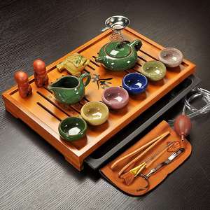 包邮冰裂紫砂陶瓷功夫茶具套装家用茶壶茶杯整套竹子实木茶盘茶台