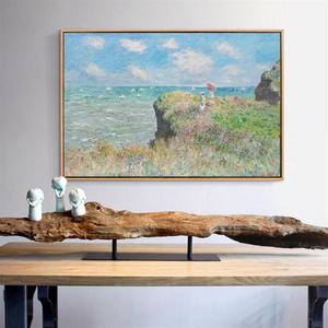 莫奈漫步悬崖欧式古典油画客厅壁画横幅沙发背景有框画喷绘走廊画