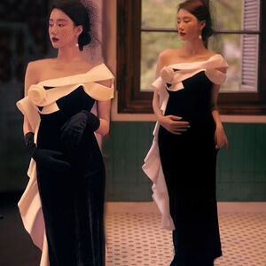 2024新款孕妇拍照服装影楼主题新款法式复古赫本风抹胸长裙孕妈咪