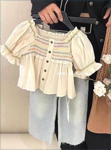 韩版女童套装夏季新款2024民族风复古洋气短袖衬衣阔腿牛仔裤两件
