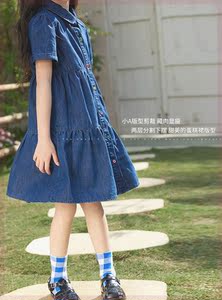 韩版女童牛仔裙2024夏季新款复古泡泡袖公主裙儿童拼接衬衫女孩连