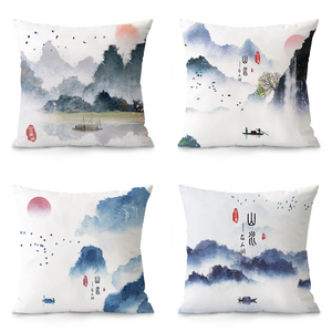 新中式古典水墨山水画绒布抱枕套含芯客厅红木沙发靠垫中国风家居