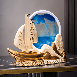 一帆风顺帆船模型摆件金银山水办公室创意电视柜装饰品沙漏流沙画