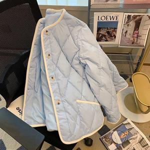 蓝色菱格棉衣棉服女设计感小众2023秋季新款时尚洋气轻便夹棉外套