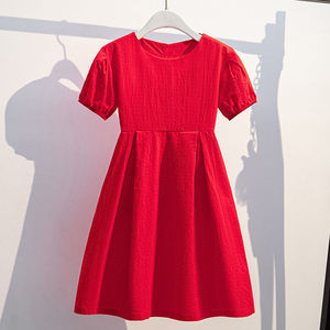 巴拉巴柆清货女童短袖红色连衣裙新款时尚中大童时髦夏季洋气公主