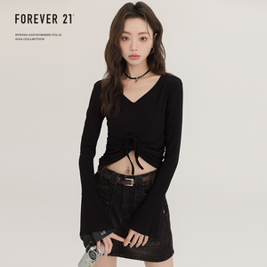 Forever 21黑色V领微喇叭长袖T恤女装设计感小众短款修身百搭上衣