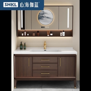 心海伽蓝新中式陶瓷一体盆橡木浴室柜组合落地式智能卫生间洗手台