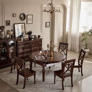 美式餐桌可伸缩椭圆家用可变圆桌乡村复古全实木多功能餐桌椅组合