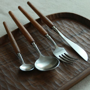 雨木 日式柚木手柄不锈钢刀叉勺 复古家用餐厅金属叉勺餐具三件套