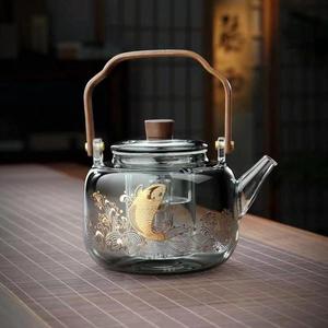 中式大容量蒸煮一体两用提梁煮茶壶耐热高硼硅加厚玻璃电陶炉专用