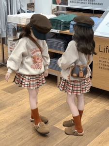 韩国儿童套装春秋季节印花卫衣女童洋气时髦格子百褶半裙两件套aa