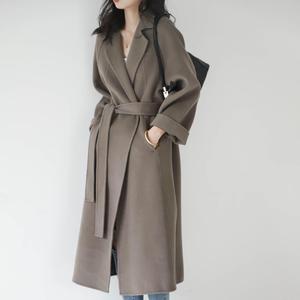 韩国chic极简主义 复古西装领系带收腰宽松中长款毛呢外套大衣女