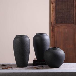 中式复古禅意黑色粗陶陶罐花瓶客厅插花陶瓷摆件酒店样板间装饰品