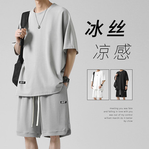HM短袖t恤男夏季冰丝薄款休闲套装运动篮球服搭配一套短裤官方店
