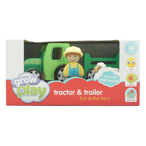 grow play 婴幼儿童玩具木质拖拉机车带挂车农场农民羊玩偶过家家