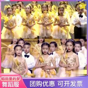 稻田里的中国梦演出服装儿童主持人纱裙黄背带裤套装口才表演六一
