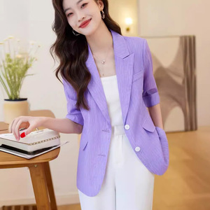 紫色小个子七分袖西装外套女夏新款薄款时尚修身雪纺防晒衫上衣女