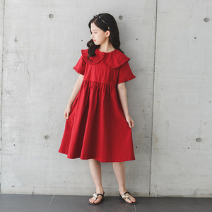 巴­拉巴­拉2024新款夏季红色女童连衣裙波浪边宽松短袖裙韩版喜俏