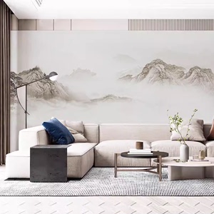 现代新中式电视背景墙8d山水画壁纸壁画客厅沙发无纺布墙纸3d墙布