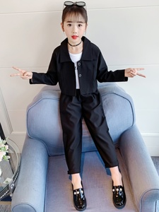 女童西装套装2022年秋季新款洋气韩版女孩子小西服两件套黑色时尚