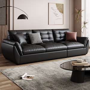 意式极简真皮沙发头层牛皮现代简约客厅直排小户型复古风黑色沙发