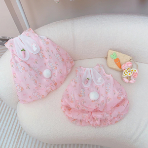 女童套装2024夏季新款韩版洋气女宝姊妹装无袖儿童粉色兔子花苞裙