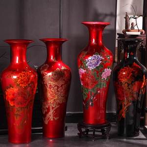 景德镇陶瓷中国红牡丹落地大花瓶摆件中式客厅新家装饰开业送礼