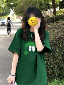 Yishion/以纯官网墨绿色纯棉正肩宽松短袖t恤上衣女初高中学生夏