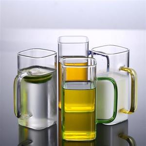 无盖牛奶整套杯子玻璃水杯家用玻璃方形彩把果汁饮料杯咖啡牛奶杯