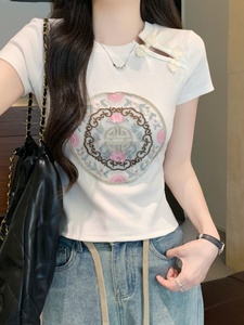 ZARA新中式国风盘扣重工刺绣短袖T恤女2024夏季修身显瘦短款上衣