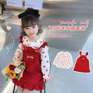 巴拉bala韩系女童 2024 秋季新款卡通衬衫草莓红色背带裙套装娃娃