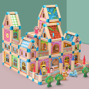 儿童动手多彩儿童玩具建筑积木制立体拼图木质拼插模型拼装房屋