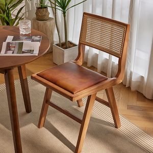 日式复古实木软包藤编餐椅中式家用简约靠背昌迪加尔书桌化妆凳子