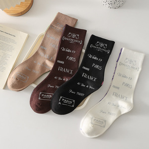 袜子女艺术迷彩格ins个性设计百搭女士中筒袜字母涂鸦学院风吸汗