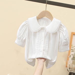 夏季短袖清货纯棉白色洋气薄款女童儿童上衣衬衫衬衣娃娃领童装女