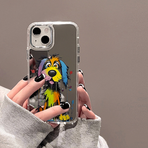 恬妈原创13时尚保护套全包边简约彩色喷漆小狗适用于iPhone14promax新款苹果15plusins风半透明大孔
