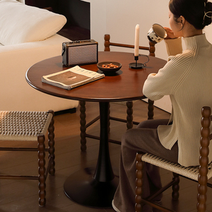 中古实木圆桌小户型家用餐桌椅组合复古圆形茶桌咖啡奶茶吧台桌子