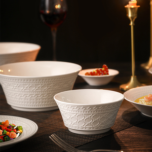 “汉韵”中式纯白浮雕骨瓷餐具套装碗碟家用轻奢釉下彩新婚礼物