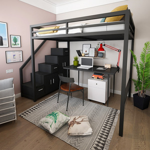 北欧铁艺多功能高架床空间阁楼床架小户型卧室上床下桌单身公寓