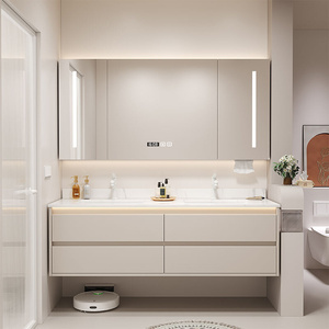 智能现代简约大户型双台盆奶油风卫生间洗手脸盆柜组合浴室柜镜柜