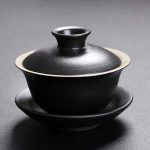 黑陶盖碗大号冲茶器家用三才碗粗陶盖碗泡茶杯陶瓷功夫茶茶具