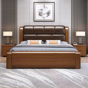 林氏木业胡桃木实木床双人床新中式1米8现代简约1米5软包主卧储物